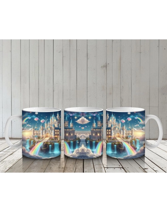 Çocuklara Sütü Sevdiren Masalsı Gökkuşağılı Şato Desenli Kupa Bardak