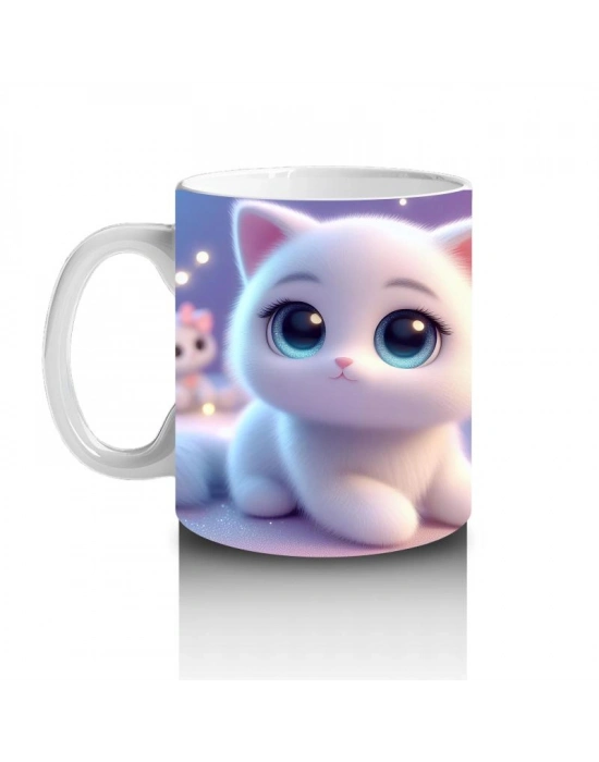 Çocuklara Sütü Sevdiren Masum Beyaz Kedi Kupa Bardak