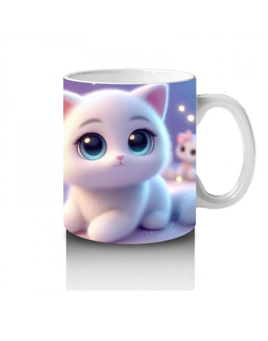 Çocuklara Sütü Sevdiren Masum Beyaz Kedi Kupa Bardak