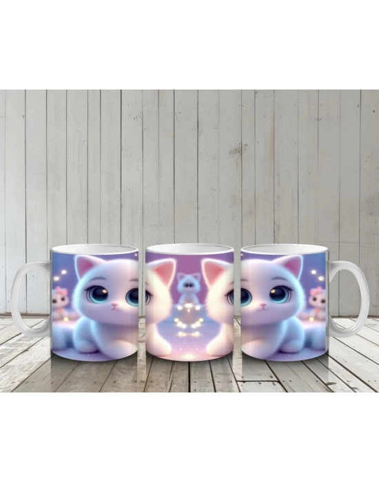 Çocuklara Sütü Sevdiren Masum Beyaz Kedi Kupa Bardak