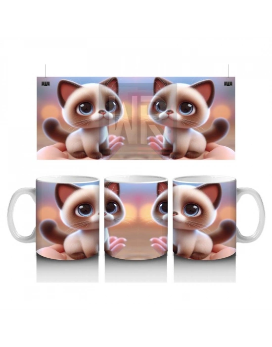 Çocuklara Sütü Sevdiren Mavi Gözlü Tatlı Kedi Kupa Bardak