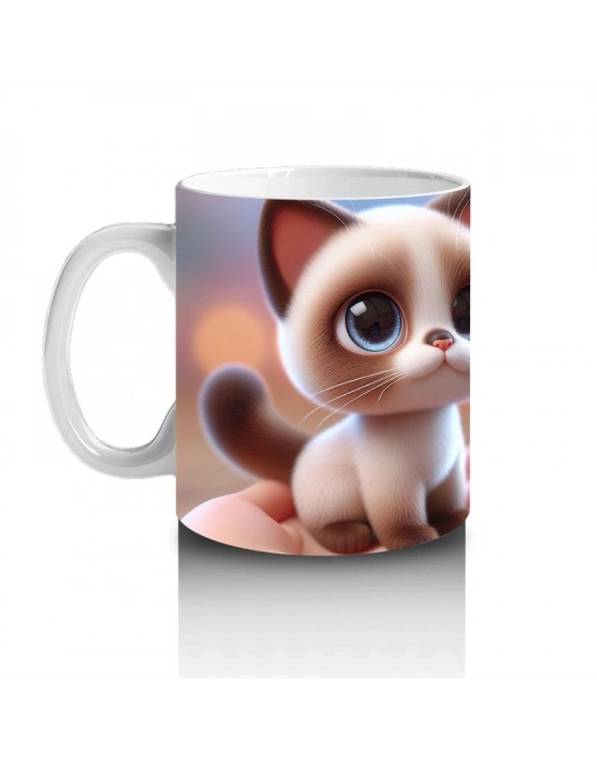 Çocuklara Sütü Sevdiren Mavi Gözlü Tatlı Kedi Kupa Bardak