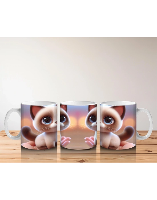 Çocuklara Sütü Sevdiren Mavi Gözlü Tatlı Kedi Kupa Bardak