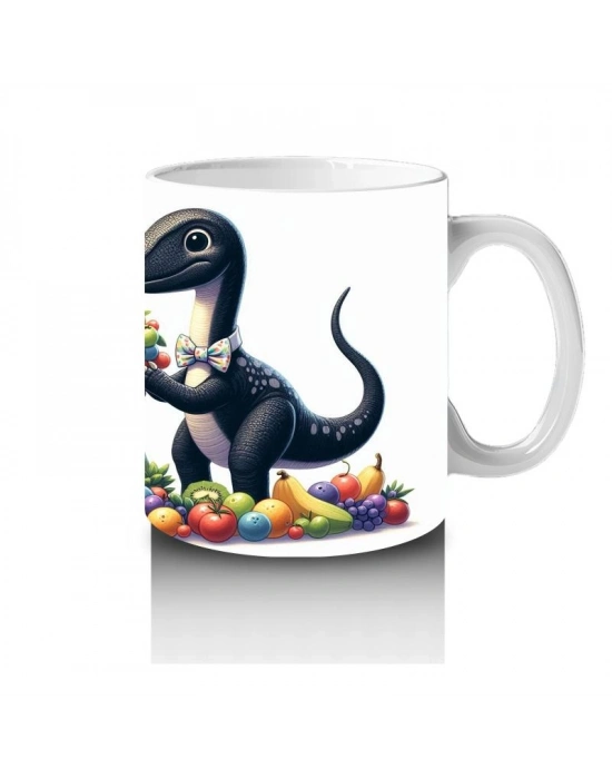 Çocuklara Sütü Sevdiren Meyve Buketi Tutan Dinozor Desenli Kupa Bardak