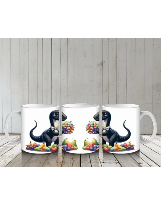 Çocuklara Sütü Sevdiren Meyve Buketi Tutan Dinozor Desenli Kupa Bardak