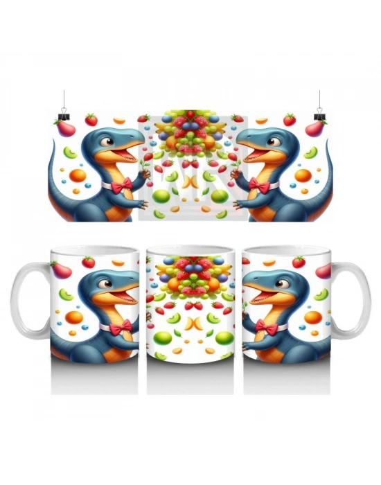 Çocuklara Sütü Sevdiren Meyve Şöleni Yapan Dinozor Desenli Kupa Bardak