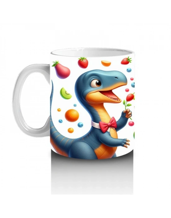 Çocuklara Sütü Sevdiren Meyve Şöleni Yapan Dinozor Desenli Kupa Bardak