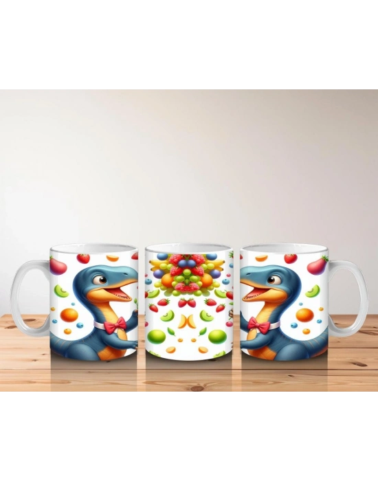 Çocuklara Sütü Sevdiren Meyve Şöleni Yapan Dinozor Desenli Kupa Bardak