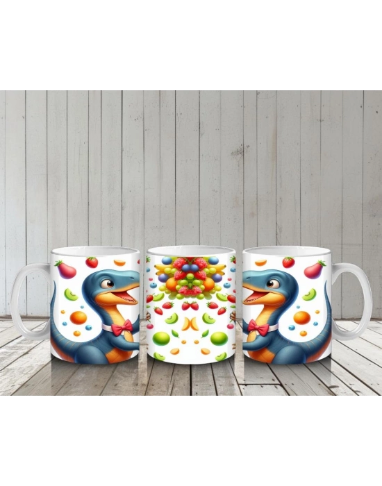 Çocuklara Sütü Sevdiren Meyve Şöleni Yapan Dinozor Desenli Kupa Bardak