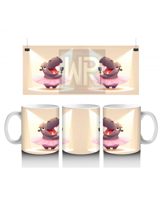 Çocuklara Sütü Sevdiren Mikrofonla Şarkı Söyleyen Balerin Su Aygırı Desenli Kupa Bardak