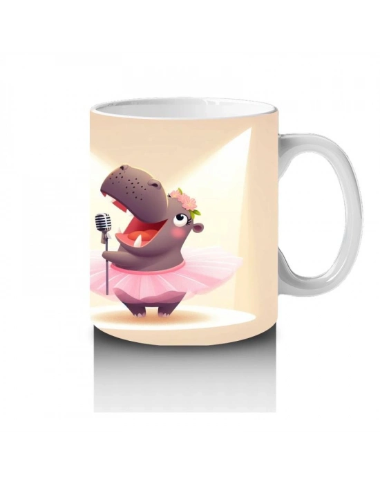 Çocuklara Sütü Sevdiren Mikrofonla Şarkı Söyleyen Balerin Su Aygırı Desenli Kupa Bardak