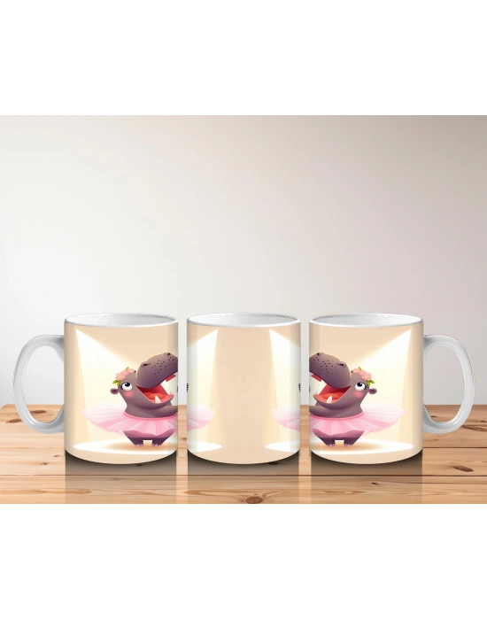 Çocuklara Sütü Sevdiren Mikrofonla Şarkı Söyleyen Balerin Su Aygırı Desenli Kupa Bardak