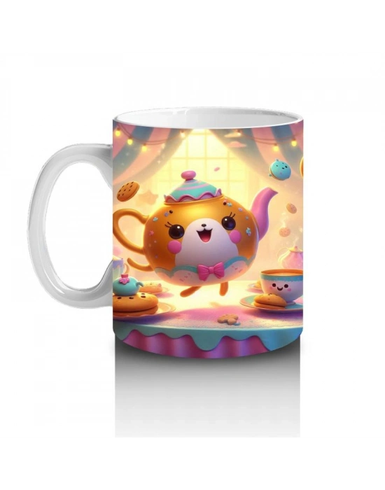 Çocuklara Sütü Sevdiren Neşeli Çay Takımı ve Kurabiyelerle Tatlı Sofra Desenli Kupa Bardak