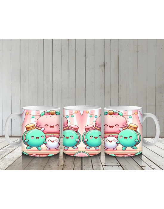 Çocuklara Sütü Sevdiren Neşeli Macaron Ailesi Desenli Kupa Bardak