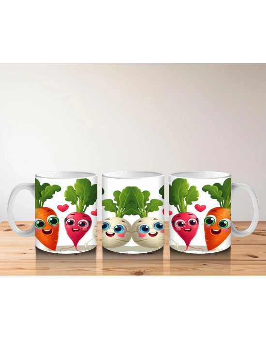 Çocuklara Sütü Sevdiren Neşeli Sebzeler ve Kalpler Desenli Kupa Bardak