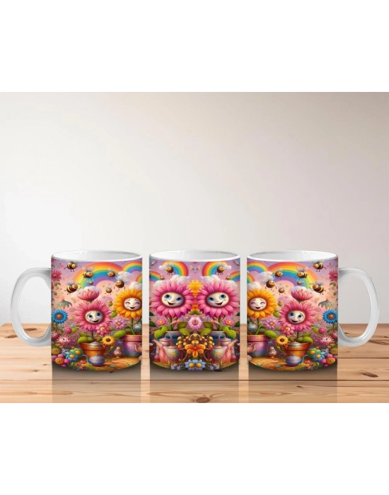 Çocuklara Sütü Sevdiren Neşeli Yüzlü Çiçekler ve Gökkuşağı Desenli Kupa Bardak