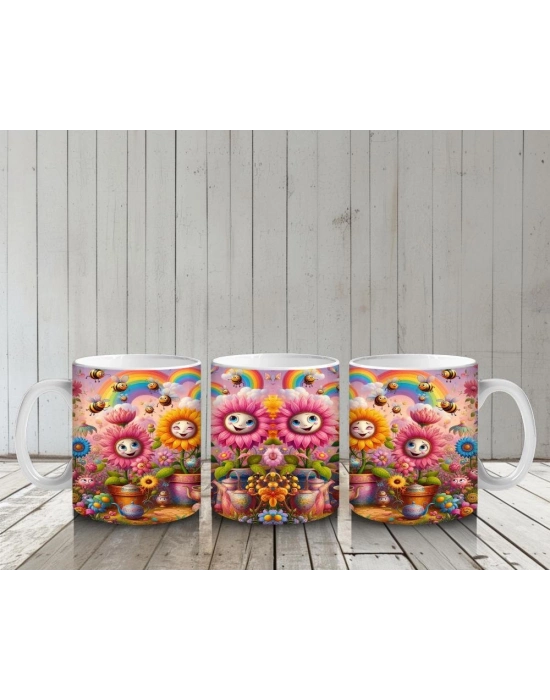 Çocuklara Sütü Sevdiren Neşeli Yüzlü Çiçekler ve Gökkuşağı Desenli Kupa Bardak