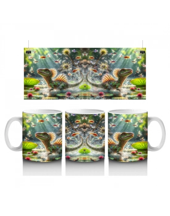 Çocuklara Sütü Sevdiren Nilüferler Arasında Yüzen Sevimli Dinozor Desenli Kupa Bardak