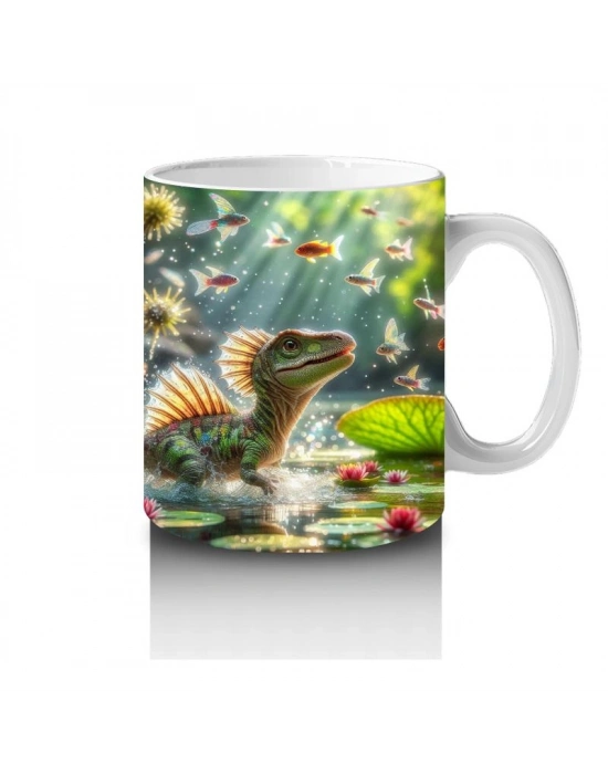 Çocuklara Sütü Sevdiren Nilüferler Arasında Yüzen Sevimli Dinozor Desenli Kupa Bardak