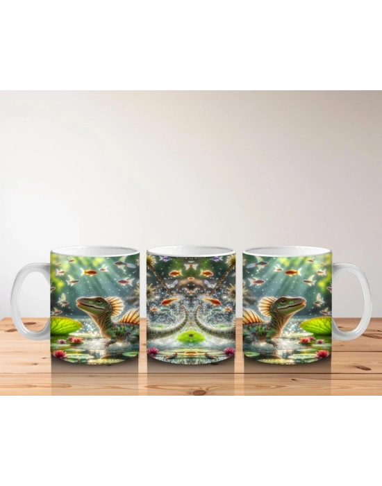 Çocuklara Sütü Sevdiren Nilüferler Arasında Yüzen Sevimli Dinozor Desenli Kupa Bardak