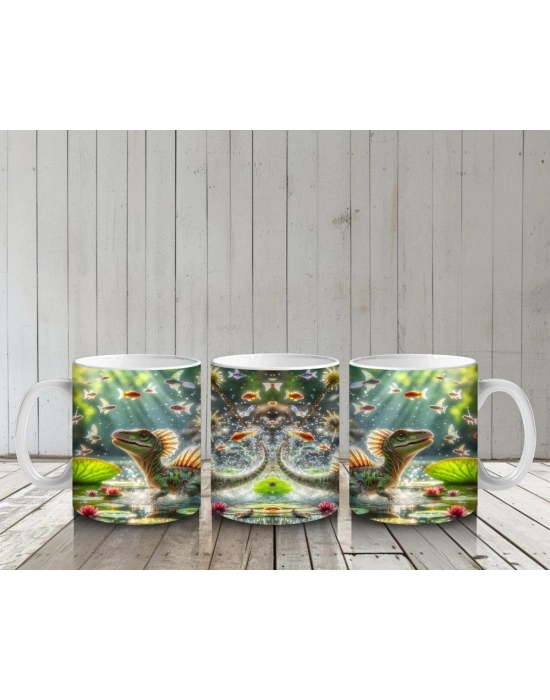 Çocuklara Sütü Sevdiren Nilüferler Arasında Yüzen Sevimli Dinozor Desenli Kupa Bardak