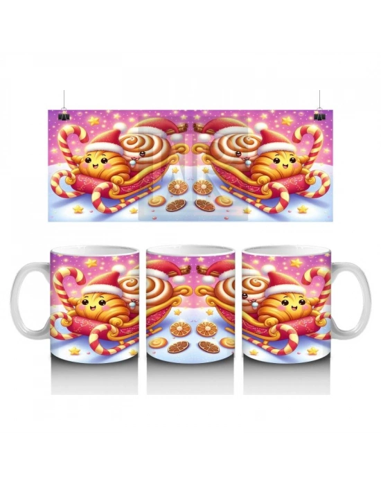 Çocuklara Sütü Sevdiren Noel Şapkalı Tatlı Kediler ve Kurabiye Desenli Kupa Bardak