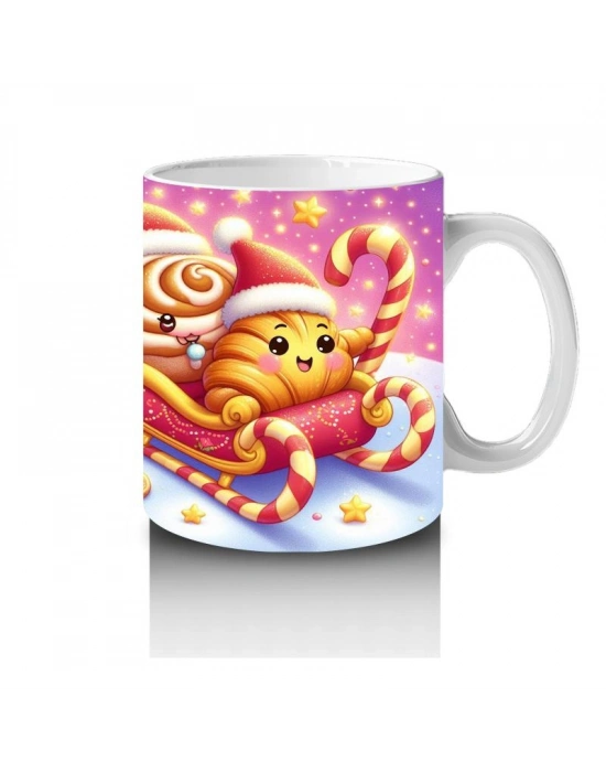 Çocuklara Sütü Sevdiren Noel Şapkalı Tatlı Kediler ve Kurabiye Desenli Kupa Bardak