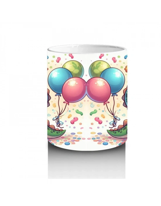 Çocuklara Sütü Sevdiren Parti Şapkalı Balonlu Sevimli Dinozor Desenli Kupa Bardak