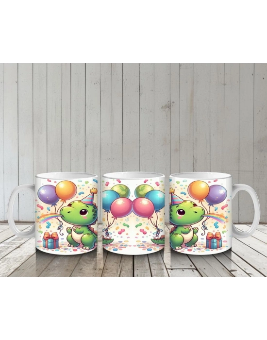 Çocuklara Sütü Sevdiren Parti Şapkalı Balonlu Sevimli Dinozor Desenli Kupa Bardak