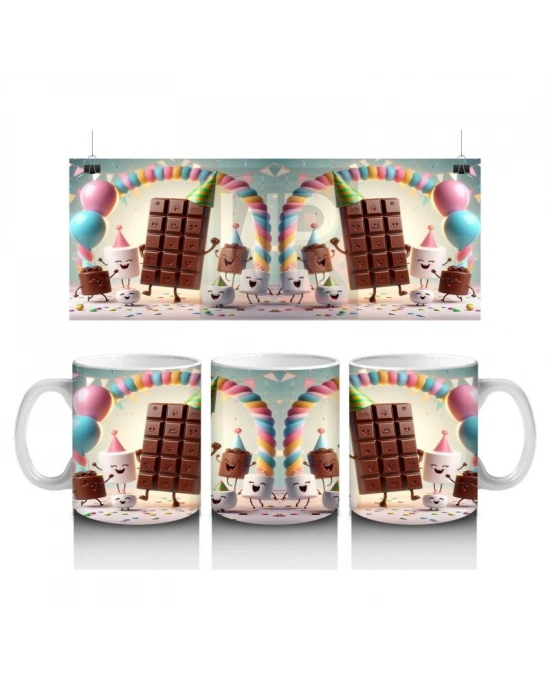 Çocuklara Sütü Sevdiren Parti Şapkalı Çikolata ve Marshmallowlar Desenli Kupa Bardak