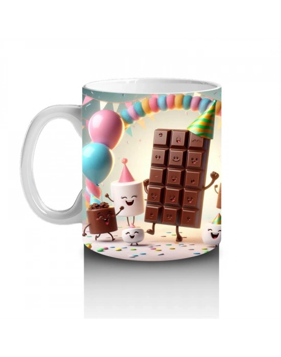 Çocuklara Sütü Sevdiren Parti Şapkalı Çikolata ve Marshmallowlar Desenli Kupa Bardak