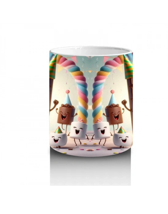 Çocuklara Sütü Sevdiren Parti Şapkalı Çikolata ve Marshmallowlar Desenli Kupa Bardak