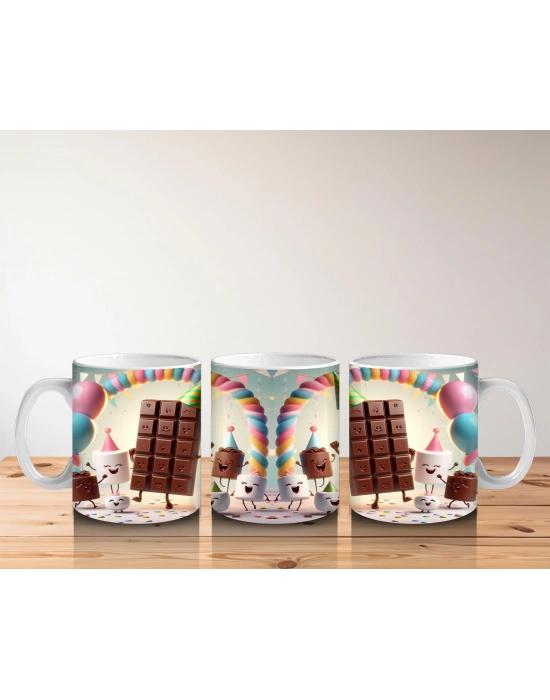 Çocuklara Sütü Sevdiren Parti Şapkalı Çikolata ve Marshmallowlar Desenli Kupa Bardak