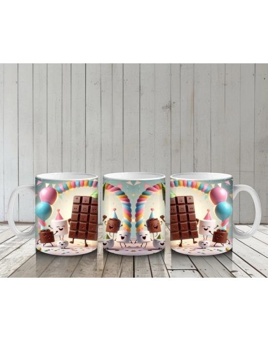 Çocuklara Sütü Sevdiren Parti Şapkalı Çikolata ve Marshmallowlar Desenli Kupa Bardak