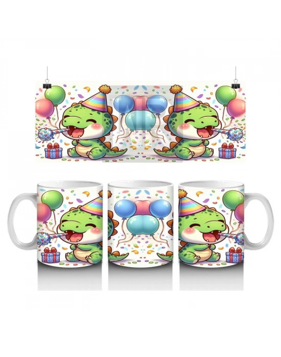 Çocuklara Sütü Sevdiren Parti Şapkalı Neşeli Dinozor Desenli Kupa Bardak