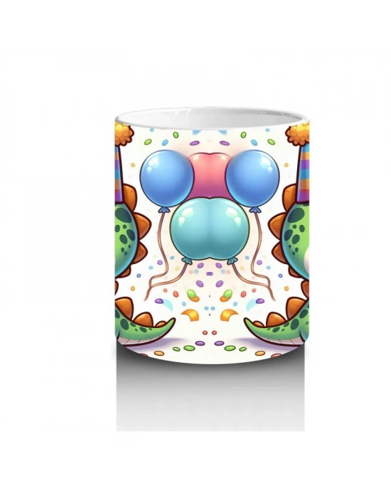 Çocuklara Sütü Sevdiren Parti Şapkalı Neşeli Dinozor Desenli Kupa Bardak