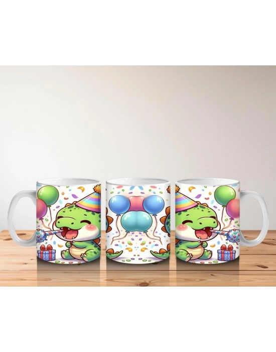 Çocuklara Sütü Sevdiren Parti Şapkalı Neşeli Dinozor Desenli Kupa Bardak