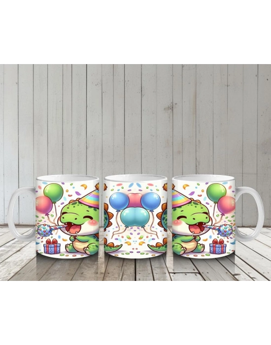 Çocuklara Sütü Sevdiren Parti Şapkalı Neşeli Dinozor Desenli Kupa Bardak