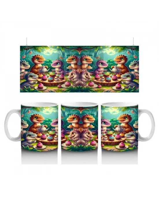 Çocuklara Sütü Sevdiren Pasta Partisi Yapan Dinozorlar Desenli Kupa Bardak