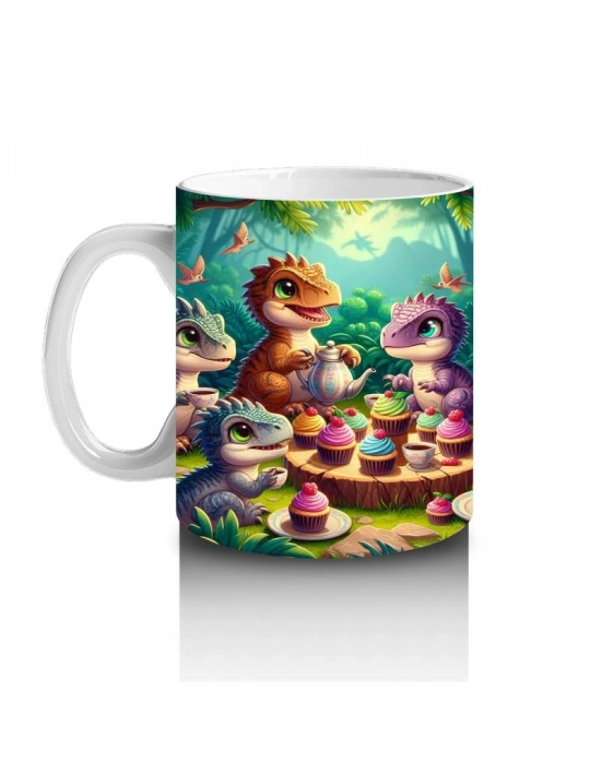 Çocuklara Sütü Sevdiren Pasta Partisi Yapan Dinozorlar Desenli Kupa Bardak