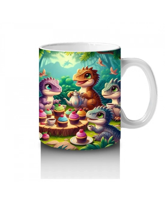 Çocuklara Sütü Sevdiren Pasta Partisi Yapan Dinozorlar Desenli Kupa Bardak
