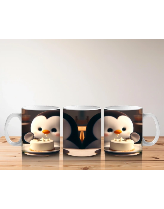 Çocuklara Sütü Sevdiren Pasta Yiyen Sevimli Penguen Desenli Kupa Bardak