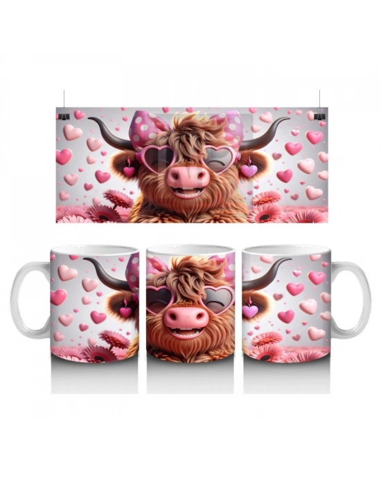 Çocuklara Sütü Sevdiren Pembe Kurdeleli Kalpli Gözlüklü İnek Desenli Kupa Bardak