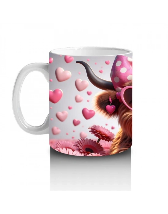 Çocuklara Sütü Sevdiren Pembe Kurdeleli Kalpli Gözlüklü İnek Desenli Kupa Bardak