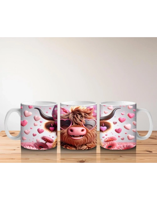 Çocuklara Sütü Sevdiren Pembe Kurdeleli Kalpli Gözlüklü İnek Desenli Kupa Bardak