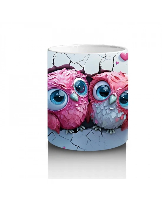 Çocuklara Sütü Sevdiren Pembeli Kalpli Baykuş Çifti Kupa Bardak