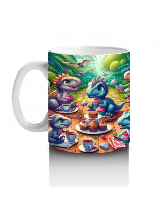 Çocuklara Sütü Sevdiren Piknikte Tatlı Keyfi Yapan Sevimli Dinozorlar Desenli Kupa Bardak