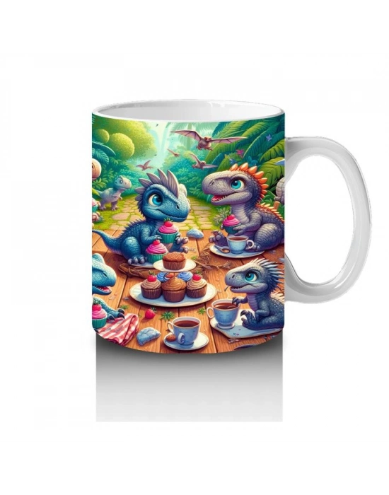 Çocuklara Sütü Sevdiren Piknikte Tatlı Keyfi Yapan Sevimli Dinozorlar Desenli Kupa Bardak