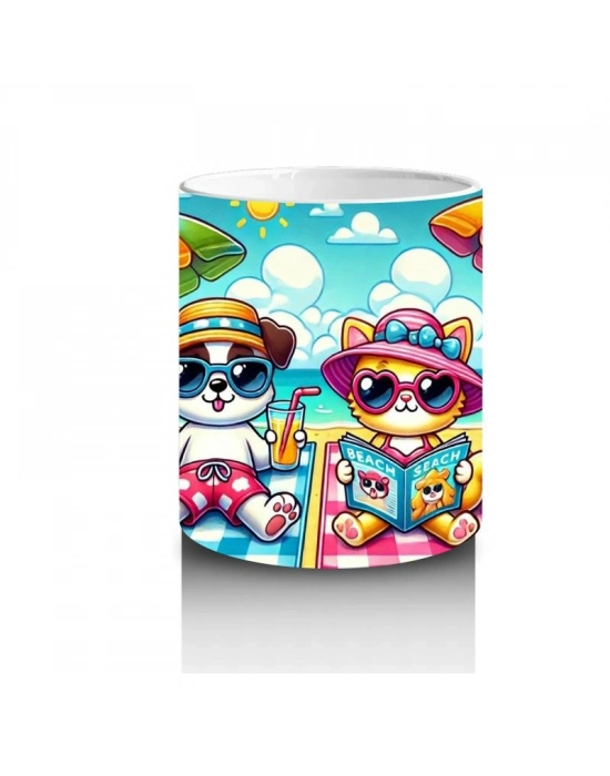 Çocuklara Sütü Sevdiren Plaj Keyfi Yapan Kedi ve Köpek Desenli Kupa Bardak