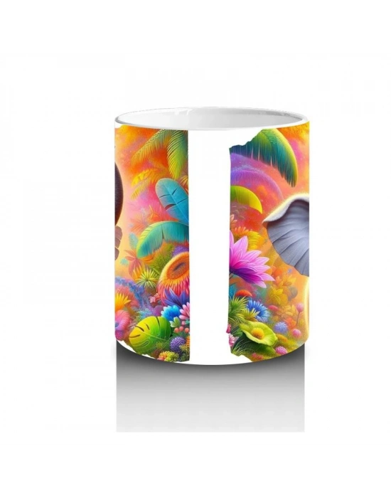 Çocuklara Sütü Sevdiren Rengârenk Arka Planlı Sevimli Fil Desenli Kupa Bardak